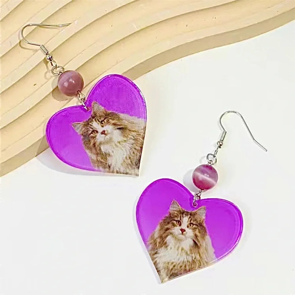 Heart Shaped Kitty Cat Dangle Acrylic Earrings NEW